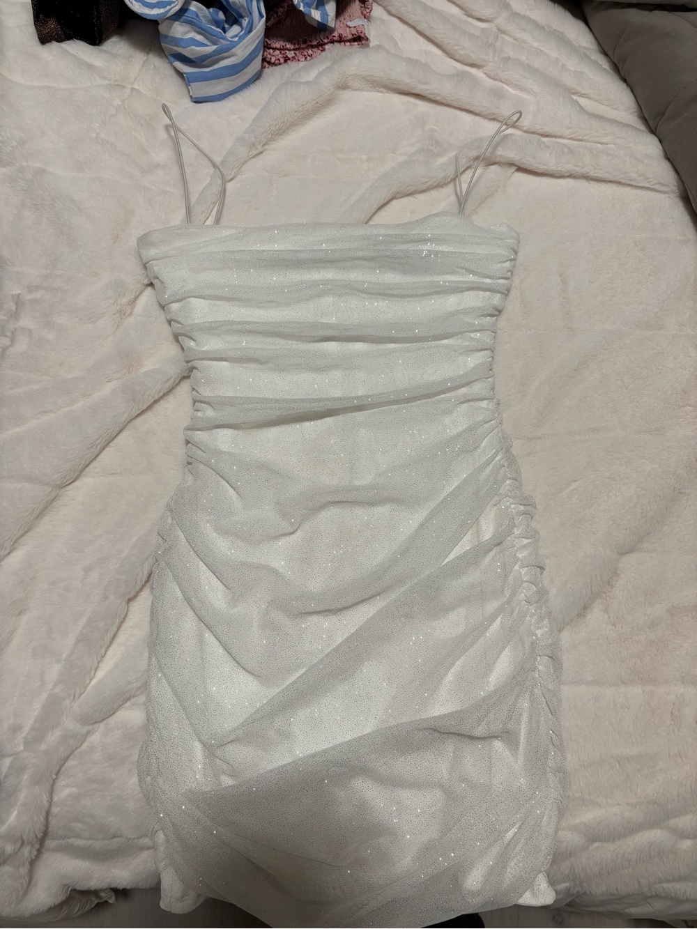 White Sparkle Ruched Mini Dress with Spaghetti Straps